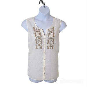 GH Bass & Company Cream & Tan Linen Blend Sleeveless Embroidered Blouse Size XL
